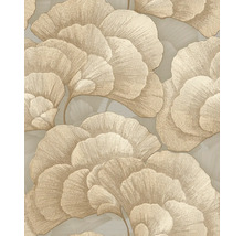 Tapeta s velkoplošným vzorem listů ginkga, metalický lesk, béžová a zlatá barva.