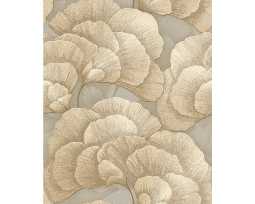 Tapeta s velkoplošným vzorem listů ginkga, metalický lesk, béžová a zlatá barva.