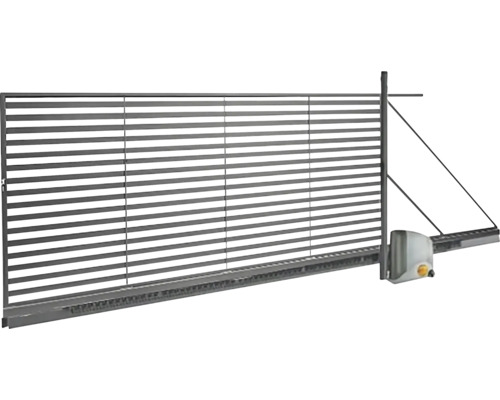 Elektrická posuvná brána s vodorovnými lamelami a pohonem.
