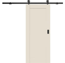 Posuvné dveře ve stylu stodoly s krémovým křídlem, černým kolejnicovým systémem a viditelnými kolečky.
