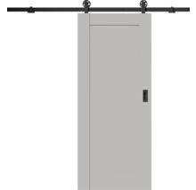 Světle šedé posuvné dveře ve stylu stodoly s černým kovovým kolejnicovým systémem a zapuštěným madlem.
