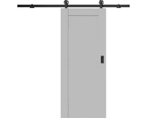 Světle šedé posuvné dveře ve stylu stodoly s černým kovovým kolejnicovým systémem a zapuštěným madlem.