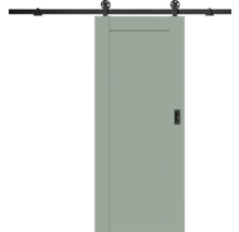 Zelené posuvné dveře s černým kolejnicovým systémem a mušlovým madlem.
