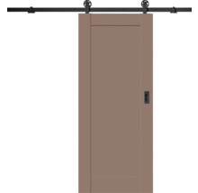 Posuvné dveře ve stylu stodoly s černým kolejnicovým systémem a mušlovým úchytem, hnědé