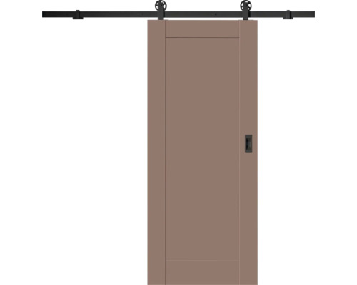 Posuvné dveře ve stylu stodoly s černým kolejnicovým systémem a mušlovým úchytem, hnědé