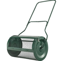 Zelené rozmetadlo kompostu s válcovým bubnem z kovového pletiva a dlouhou kovovou tlačnou rukojetí.