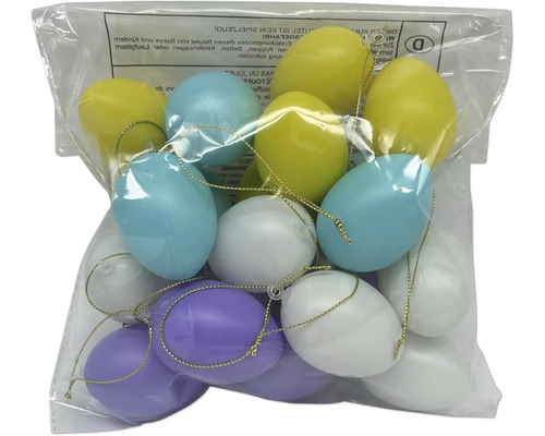 Sada barevných plastových velikonočních vajíček se zlatými šňůrkami na zavěšení v průhledném sáčku.