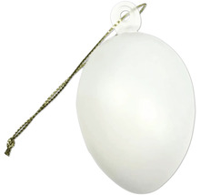 Bílé velikonoční vajíčko z plastu k zavěšení se zlatým provázkem.