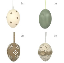 Sada 12 dekorativních velikonočních vajíček k zavěšení ve čtyřech vzorech: s tečkami, rýhované, s květy a kropenaté s jutovou stuhou a knoflíkem.
