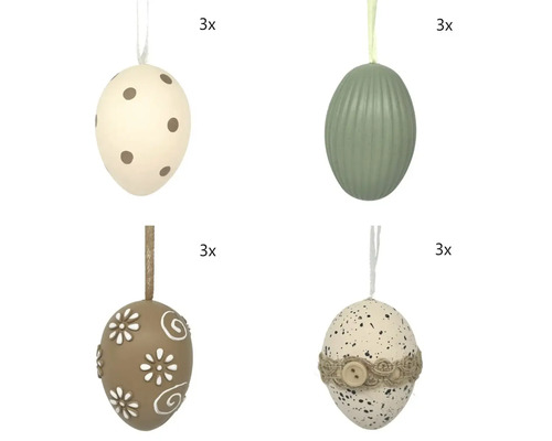 Sada 12 dekorativních velikonočních vajíček k zavěšení ve čtyřech vzorech: s tečkami, rýhované, s květy a kropenaté s jutovou stuhou a knoflíkem.