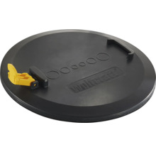 Vrtací šablona Wolfcraft pro krabice do dutých stěn z černého plastu se žlutou upínací pákou, rukojetí a Wolfcraft Logo.