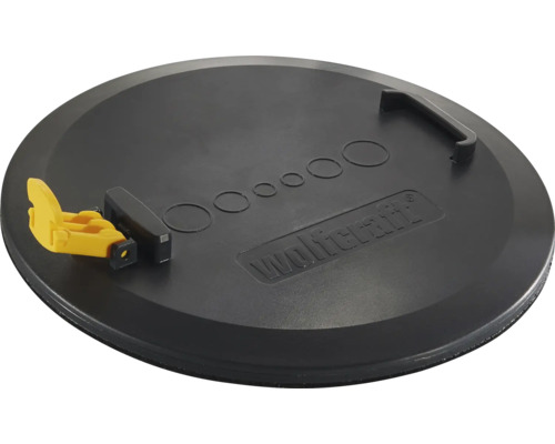Vrtací šablona Wolfcraft pro krabice do dutých stěn z černého plastu se žlutou upínací pákou, rukojetí a Wolfcraft Logo.
