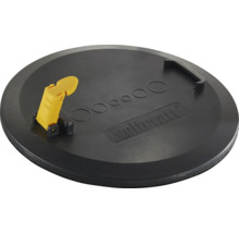 Kulatá černá plastová deska Wolfcraft se žlutou upínací páčkou, pevnou rukojetí, kruhovým značením a Wolfcraft Logo.