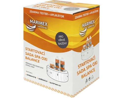 Marimex startovací sada Spa Oxi Balance pro vířivé bazény s přípravky na úpravu vody, testerem a aplikátorem.