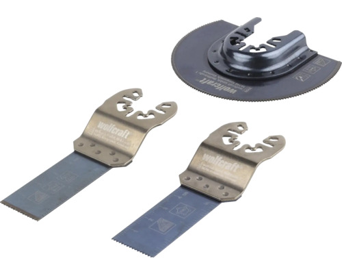 Wolfcraft 3dílná sada pro multifunkční nářadí se dvěma ponornými pilovými listy a jedním segmentovým pilovým listem.