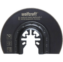 Logo Wolfcraft na segmentovém pilovém kotouči pro multifunkční nářadí, vhodný na dřevo, PVC a kov, s univerzálním upínáním.