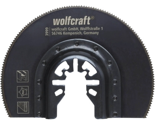 Logo Wolfcraft na segmentovém pilovém kotouči pro multifunkční nářadí, vhodný na dřevo, PVC a kov, s univerzálním upínáním.