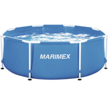 Kulatý nadzemní bazén Marimex s bílou kovovou konstrukcí a modrou fólií, napuštěný vodou.