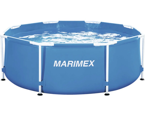 Nadzemní bazén Florida 2,44 x 0,76 m bez příslušenství Kulatý nadzemní bazén Marimex s bílou kovovou konstrukcí a modrou fólií, napuštěný vodou.