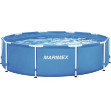 Bazén Marimex s konstrukcí, kulatý, modrý s bílým kovovým rámem, naplněný vodou.