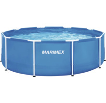 Kruhový bazén s kovovou konstrukcí Marimex naplněný vodou.