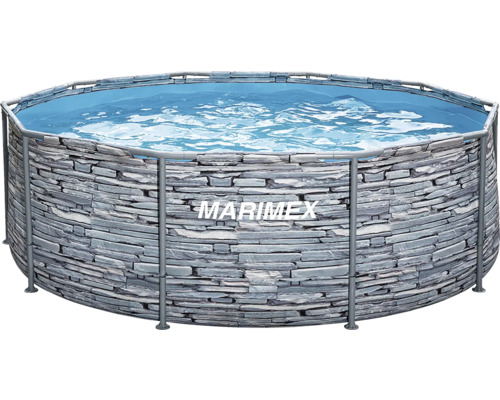 Kruhový bazén Marimex s kovovou konstrukcí a dekorem kamene.