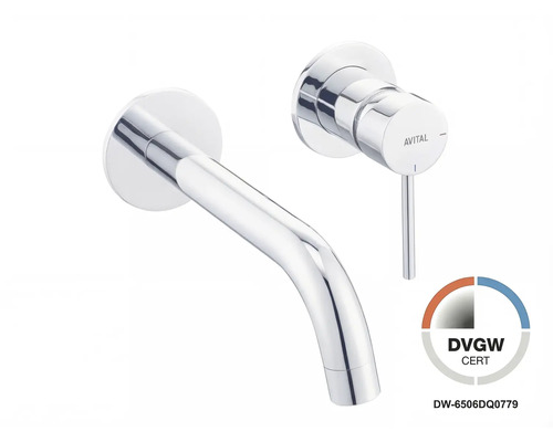 Nástěnná umyvadlová baterie AVITAL, chromovaná, se zahnutým výtokem a pákovou baterií, certifikace DVGW.