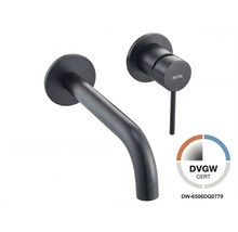 AVITAL nástěnná umyvadlová baterie v matné černé barvě, dvouotvorová armatura se zahnutým výtokem a pákovou baterií, certifikace DVGW.