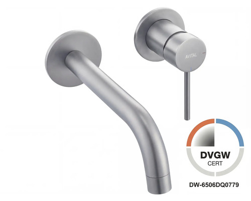 Nástěnná umyvadlová baterie Avital s výtokem a pákou, vzhled nerezové oceli, certifikace DVGW, Avital Logo.