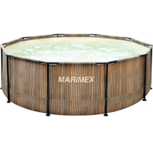 Nadzemní bazén Marimex s konstrukcí, kulatý, vnější stěna v dekoru dřeva, napuštěný vodou.