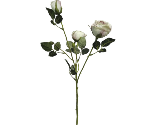 Umělá větvička růže se třemi krémovými květy a zelenými listy.