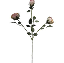 Umělá větvička růže se třemi poupaty a zelenými listy.