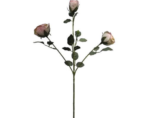 Umělá větvička růže se třemi poupaty a zelenými listy.