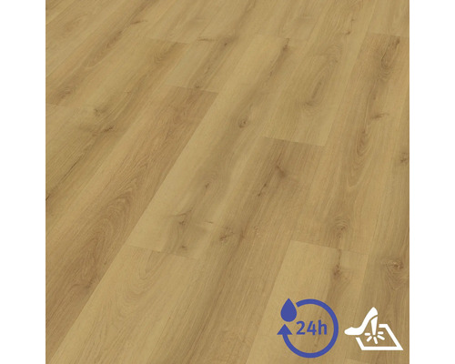 Laminátová podlaha se vzhledem dřeva s ochranou proti vodě po dobu 24 hodin a povrchem odolným proti poškrábání.