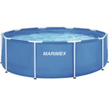 Kruhový nadzemní bazén Marimex s kovovou konstrukcí a modrou fólií, naplněný vodou.