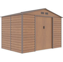 Kovový zahradní domek ve vzhledu dřeva se sedlovou střechou, větracími otvory a dvojitými posuvnými dveřmi.