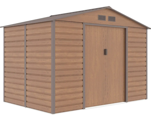 Kovový zahradní domek ve vzhledu dřeva se sedlovou střechou, větracími otvory a dvojitými posuvnými dveřmi.