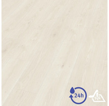 Laminátová podlaha se vzhledem dřeva se symboly pro 24hodinovou odolnost proti vodě a vysokou odolnost proti opotřebení.