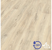 Laminátová podlaha se vzhledem světlého dřeva s 24hodinovou ochranou proti vodě a vysokou odolností proti poškrábání.