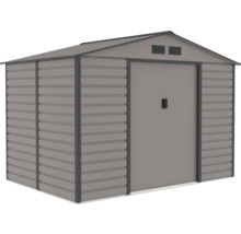 Kovový zahradní domek se sedlovou střechou, dvojitými dveřmi a větracími otvory.