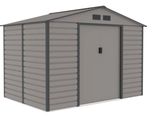 Kovový zahradní domek se sedlovou střechou, dvojitými dveřmi a větracími otvory.