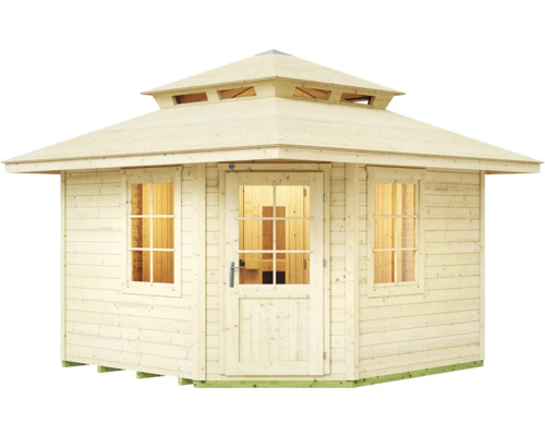 Dřevěný zahradní domek s odstupňovanou pagodovou střechou, prosklenými dveřmi a dvěma okny s mřížkou.