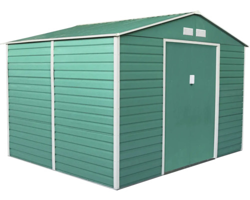 Zelený kovový zahradní domek se sedlovou střechou, dvojitými posuvnými dveřmi a větracími otvory.