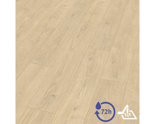 Laminátová podlaha s dekorem dřeva a texturou, 72hodinová odolnost proti vodě a povrch odolný proti poškrábání.