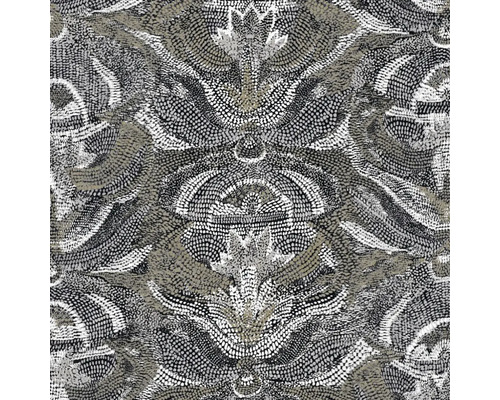 Vliesová tapeta s tečkovaným damaškovým vzorem a květinovými ornamenty.