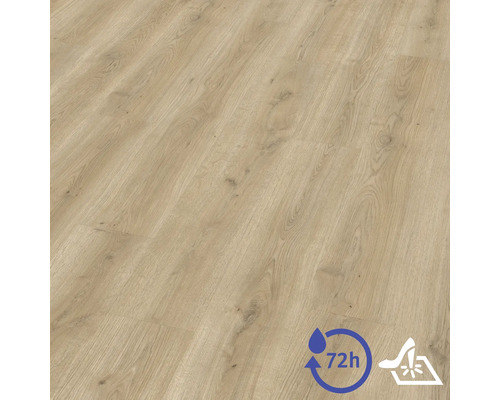 Laminátová podlaha se světlou strukturou dřeva, 72 hodinová odolnost proti vodě a vysoká odolnost proti opotřebení.
