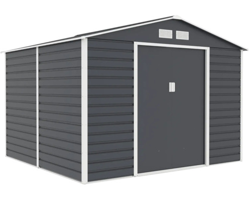 Kovový zahradní domek v tmavě šedé barvě s bílým rámem, sedlovou střechou a dvoukřídlými dveřmi.