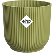 Kulatý plastový květináč s vertikálními drážkami a elho Logo.