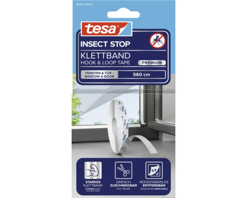 Logo tesa, suchý zip Insect Stop Premium pro okna a dveře, 560 centimetrů, pevně drží, snadno se stříhá, lze odstranit beze zbytků.