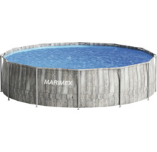 Kulatý bazén Marimex s rámovou konstrukcí v dekoru šedého dřeva.